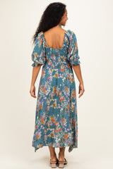 Sage Floral Smocked Handkerchief Hem Maternity Midi Dress
