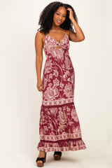 Wine Floral Front Tie Keyhole Maternity Maxi Dress