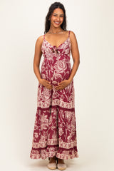 Wine Floral Front Tie Keyhole Maternity Maxi Dress