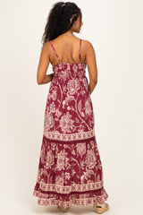 Wine Floral Front Tie Keyhole Maternity Maxi Dress