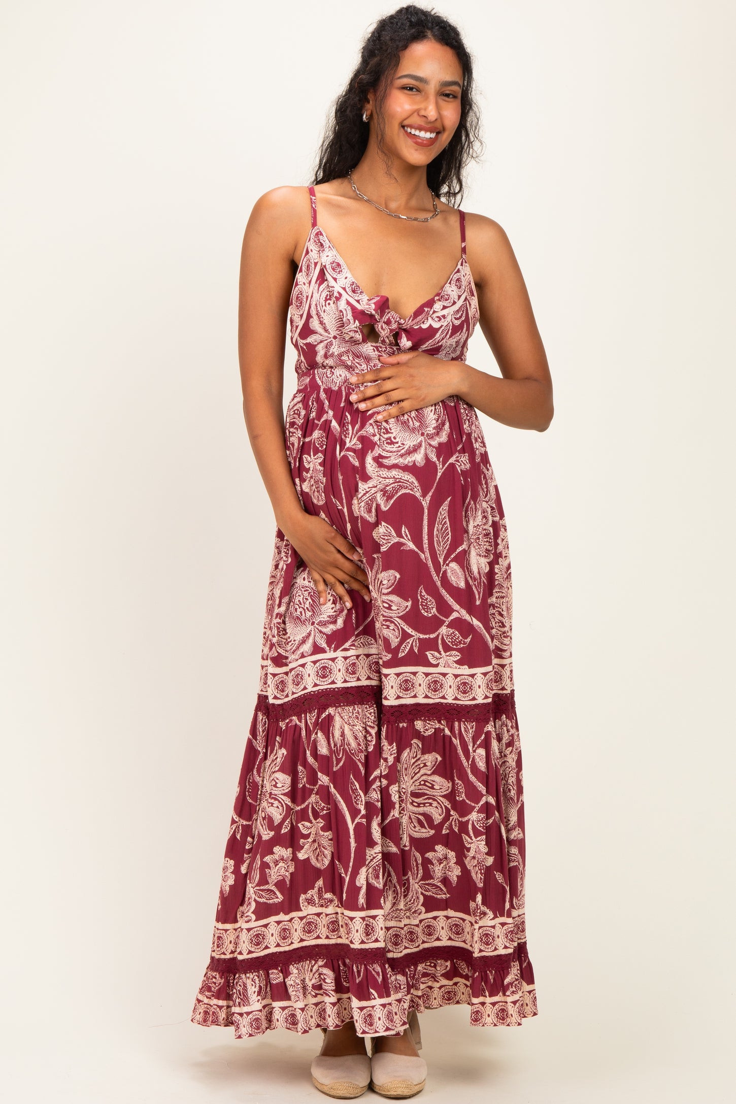 Wine Floral Front Tie Keyhole Maternity Maxi Dress