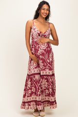 Wine Floral Front Tie Keyhole Maternity Maxi Dress