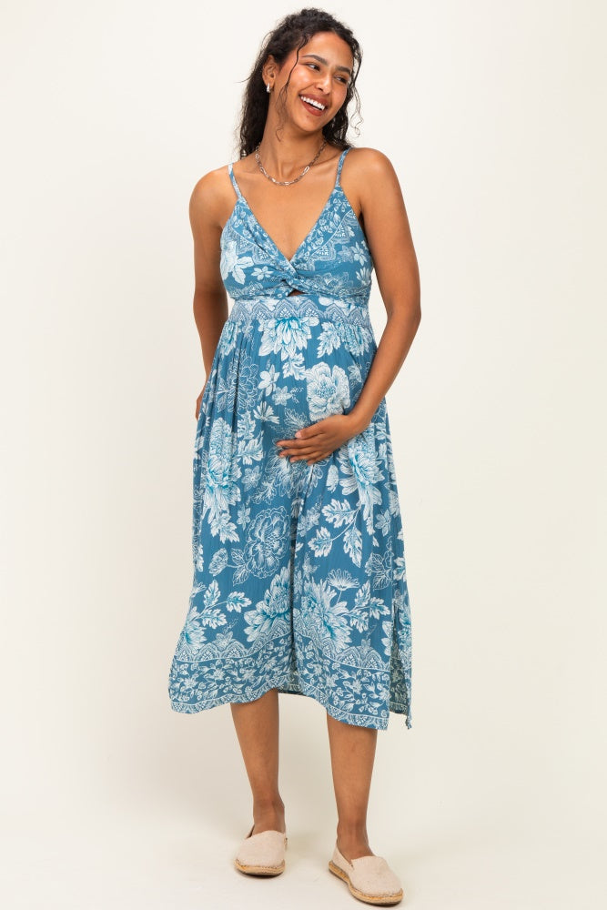 Cornflower Blue Twist Front Cut Out Maternity Midi Dress