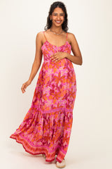 Fuchsia Floral Lace Trim Maternity Maxi Dress