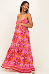 Fuchsia Floral Lace Trim Maternity Maxi Dress