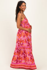 Fuchsia Floral Lace Trim Maternity Maxi Dress