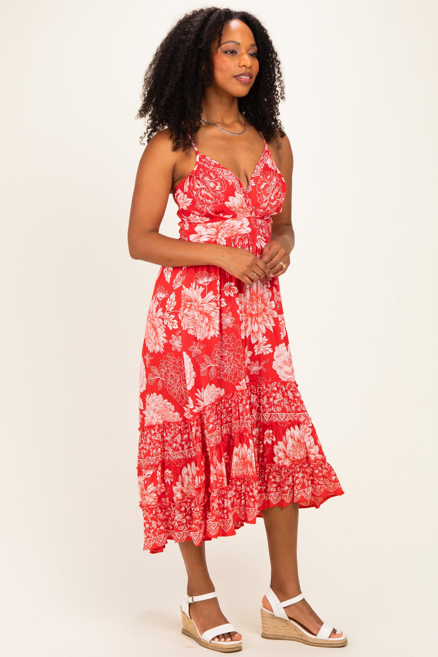 Strawberry Floral V-Neck Tiered Hem Midi Dress