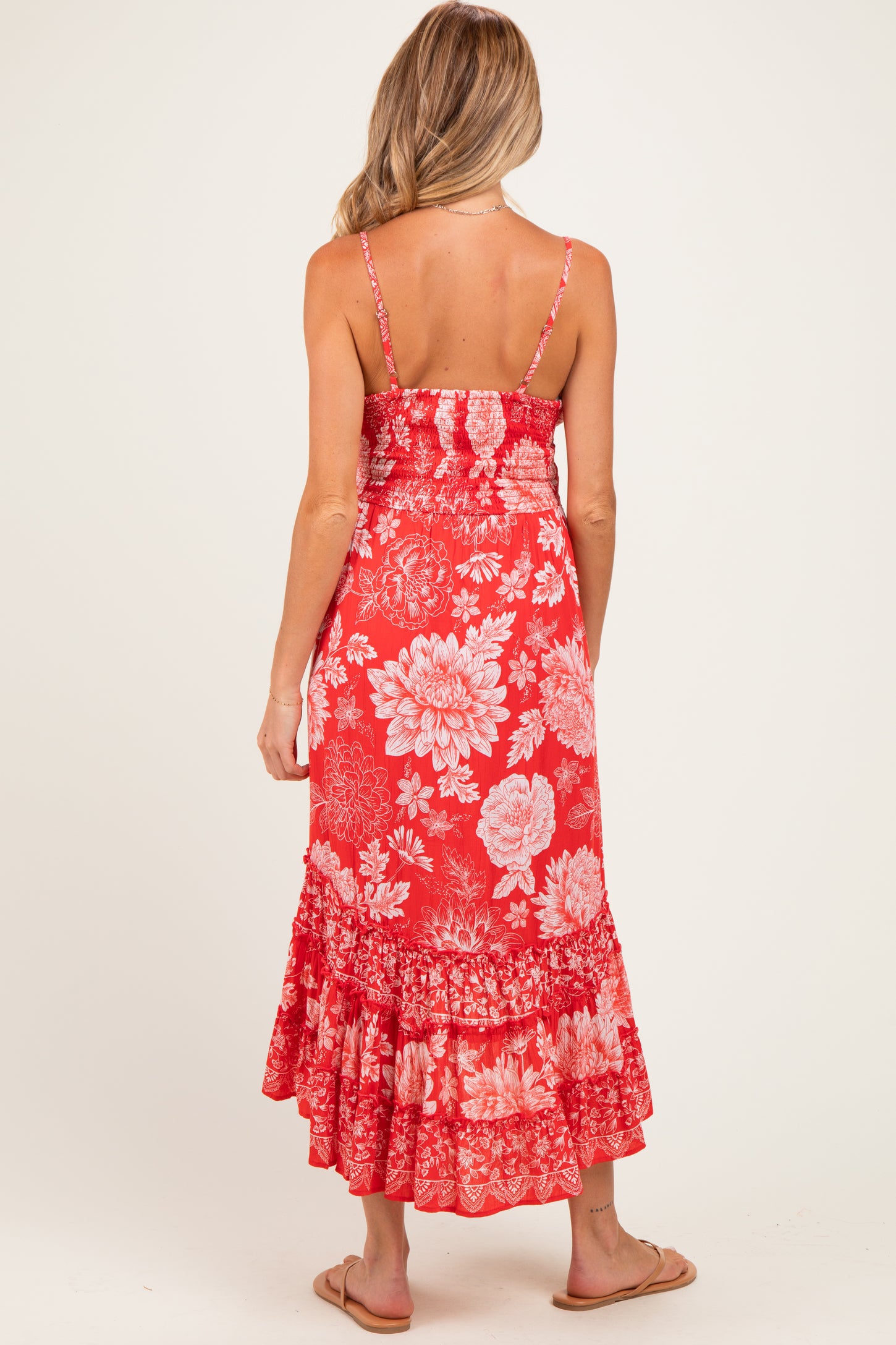 Strawberry Floral V-Neck Tiered Hem Maternity Midi Dress