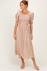 Light Taupe Polka Dot Smocked Maternity Midi Dress