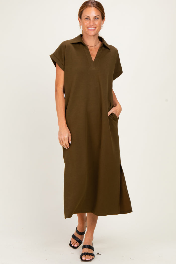 Olive Collared Short Sleeve Maternity Midi Dress