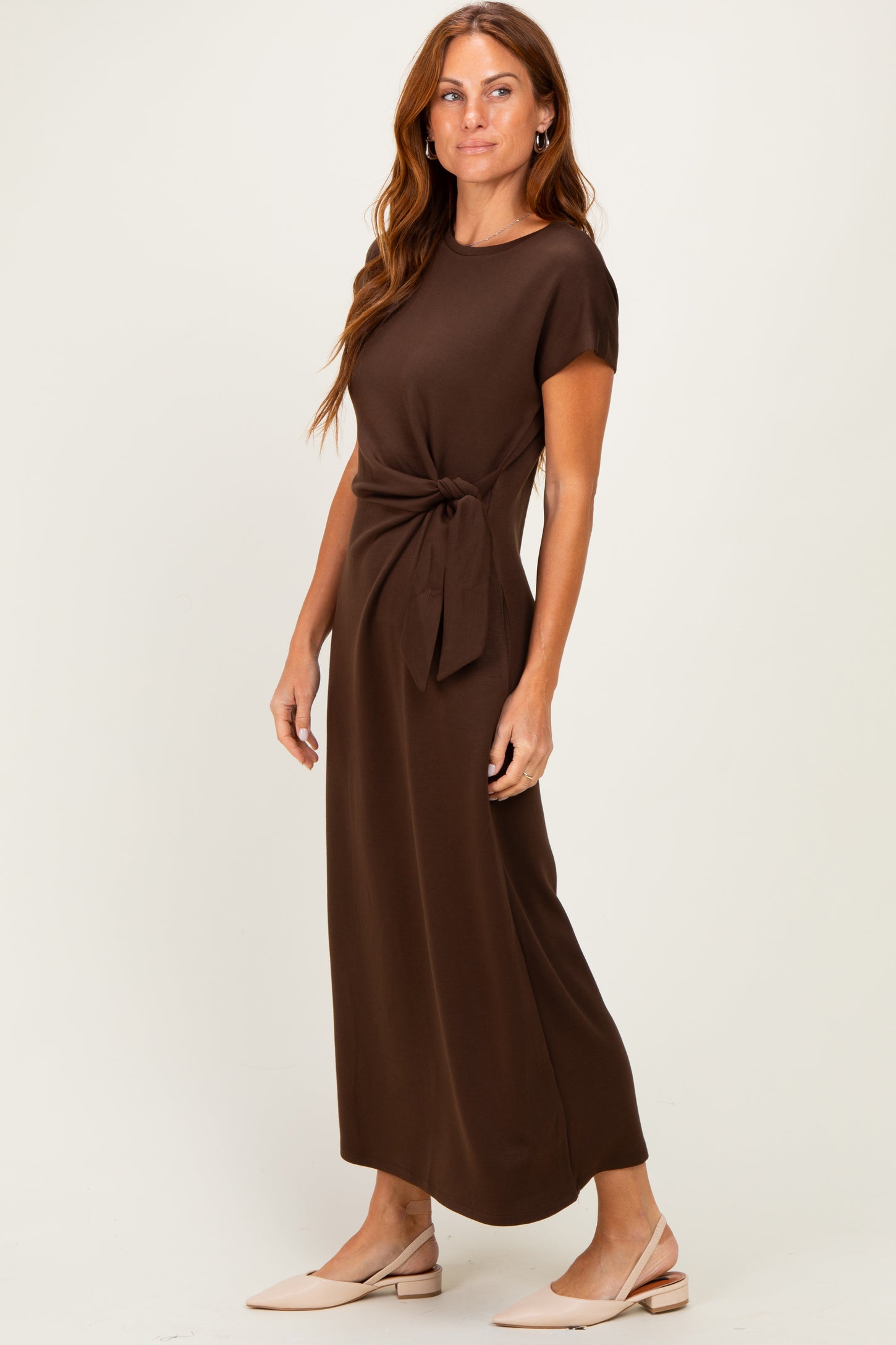 Brown Side Tie Short Sleeve Midi Dress