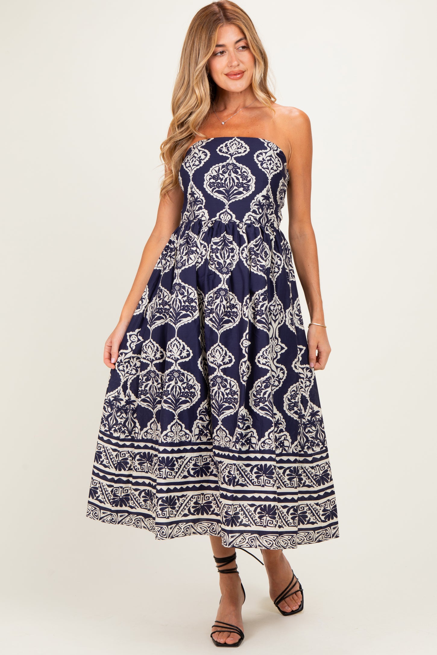 Navy Damask Strapless Maternity Midi Dress