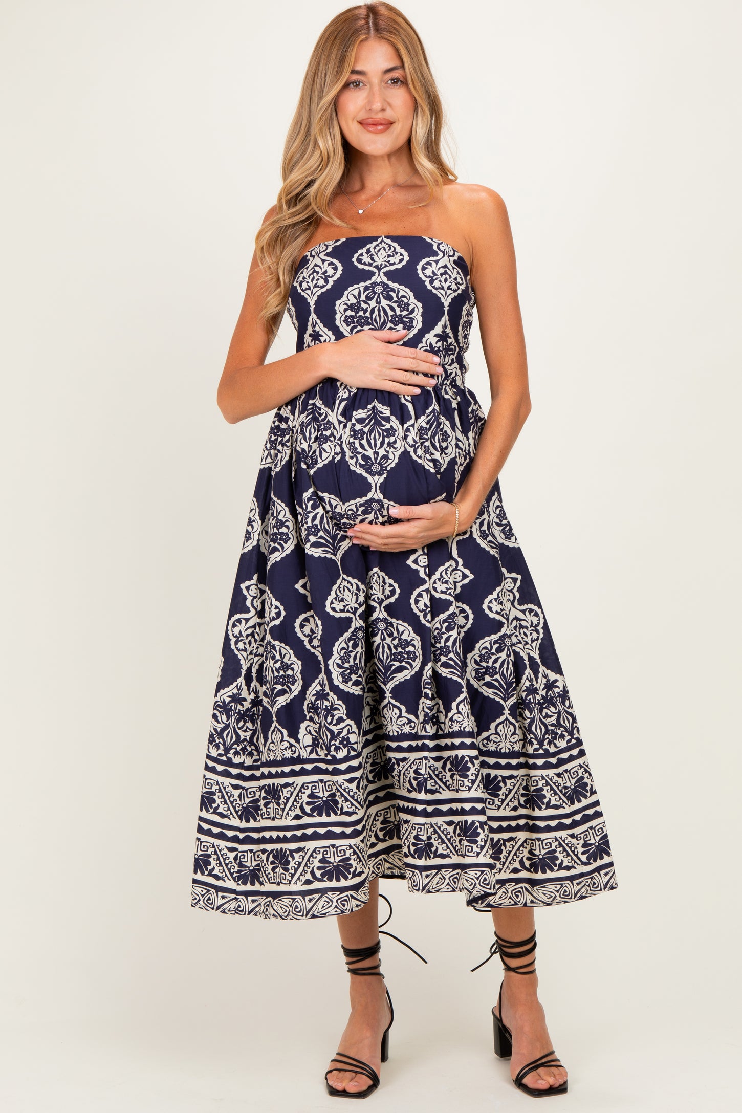 Navy Damask Strapless Maternity Midi Dress