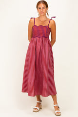 Mauve Striped Colorblock Scallop Detail Maternity Midi Dress