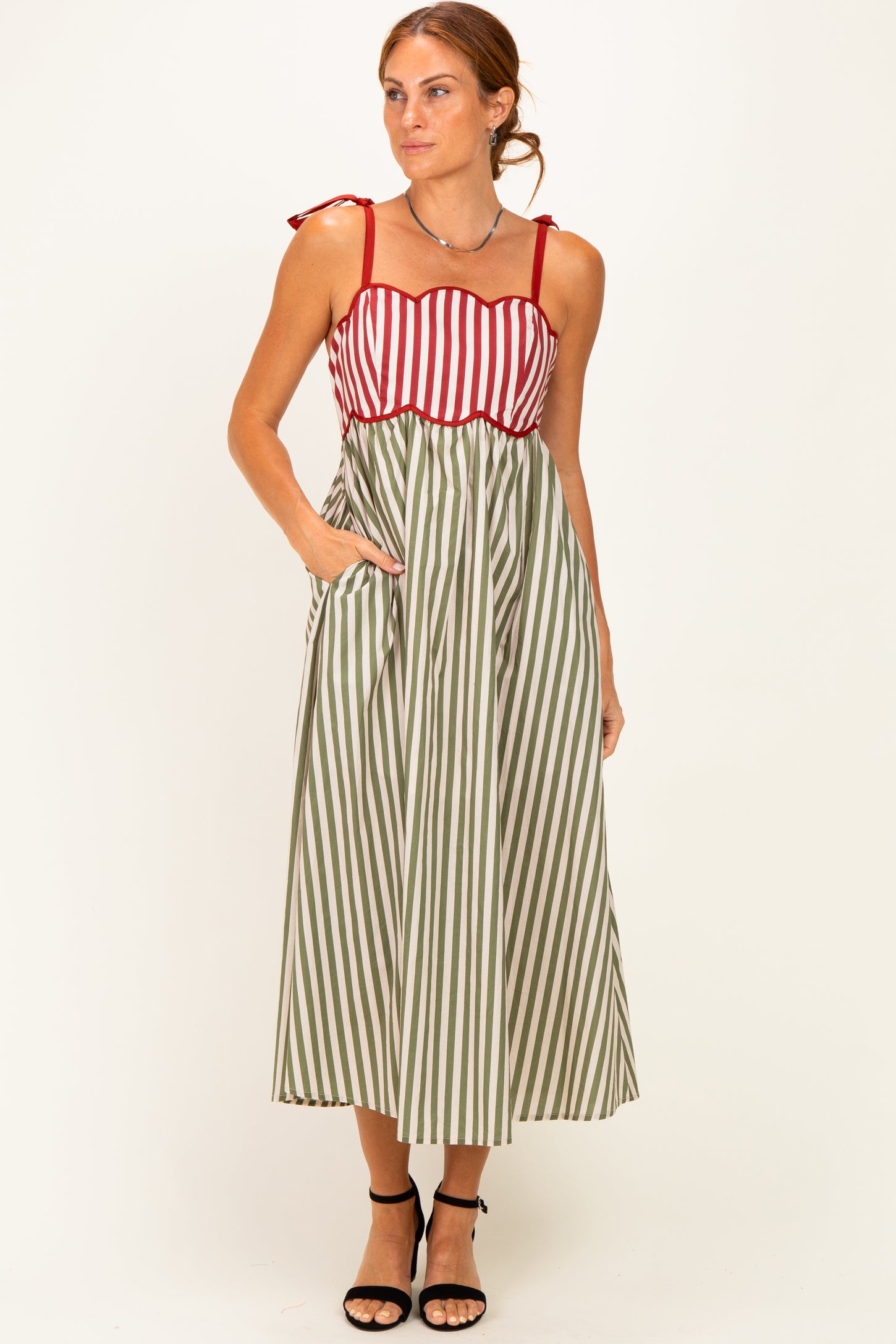 Olive Striped Colorblock Scallop Detail Maternity Midi Dress