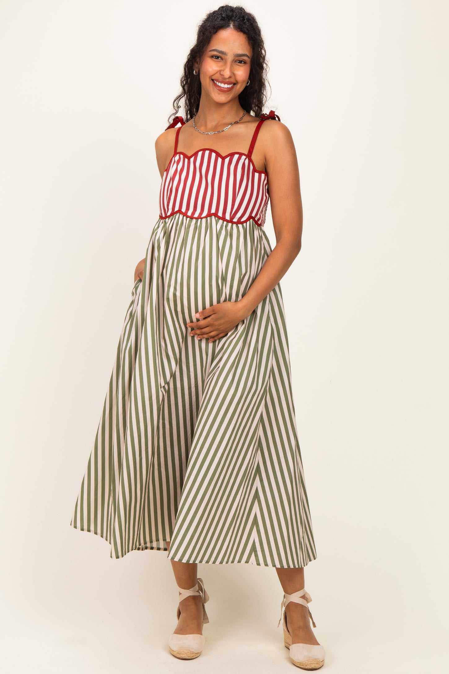 Olive Striped Colorblock Scallop Detail Maternity Midi Dress