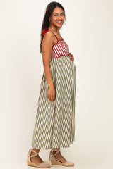 Olive Striped Colorblock Scallop Detail Maternity Midi Dress