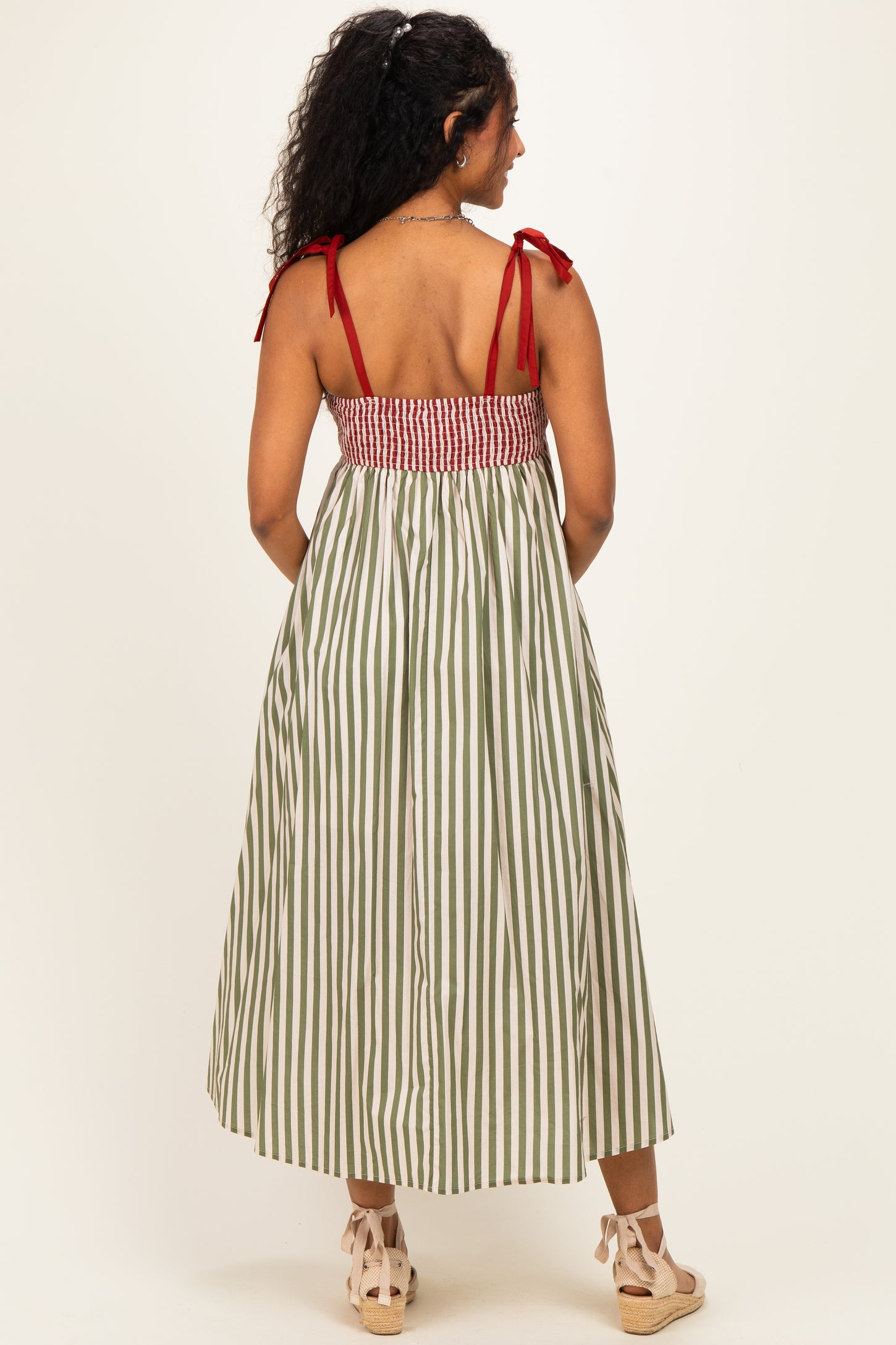 Olive Striped Colorblock Scallop Detail Maternity Midi Dress