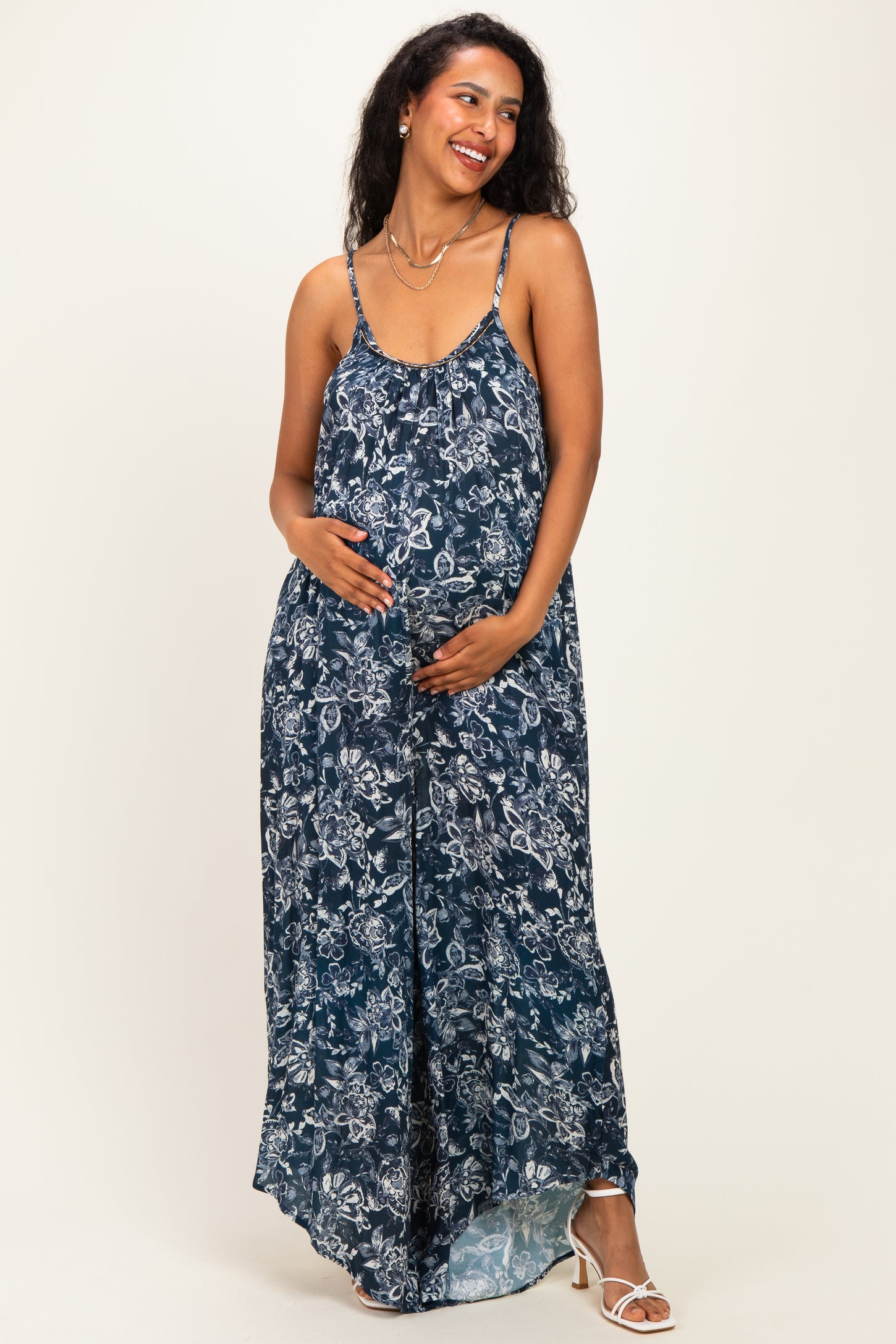 Navy Floral Beaded Wide Leg Maternity Jumpsuit
