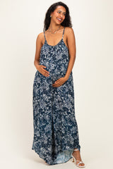 Navy Floral Beaded Wide Leg Maternity Jumpsuit