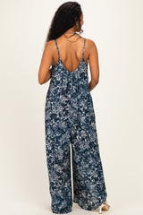 Navy Floral Beaded Wide Leg Maternity Jumpsuit