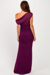 woman wearing a purple one-shoulder evening gown with ruched detailing, shown from the back