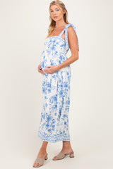 Light Blue Floral Shoulder Tie Maternity Midi Dress