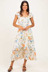 Beige Floral Ruffle Accent Maternity Midi Dress