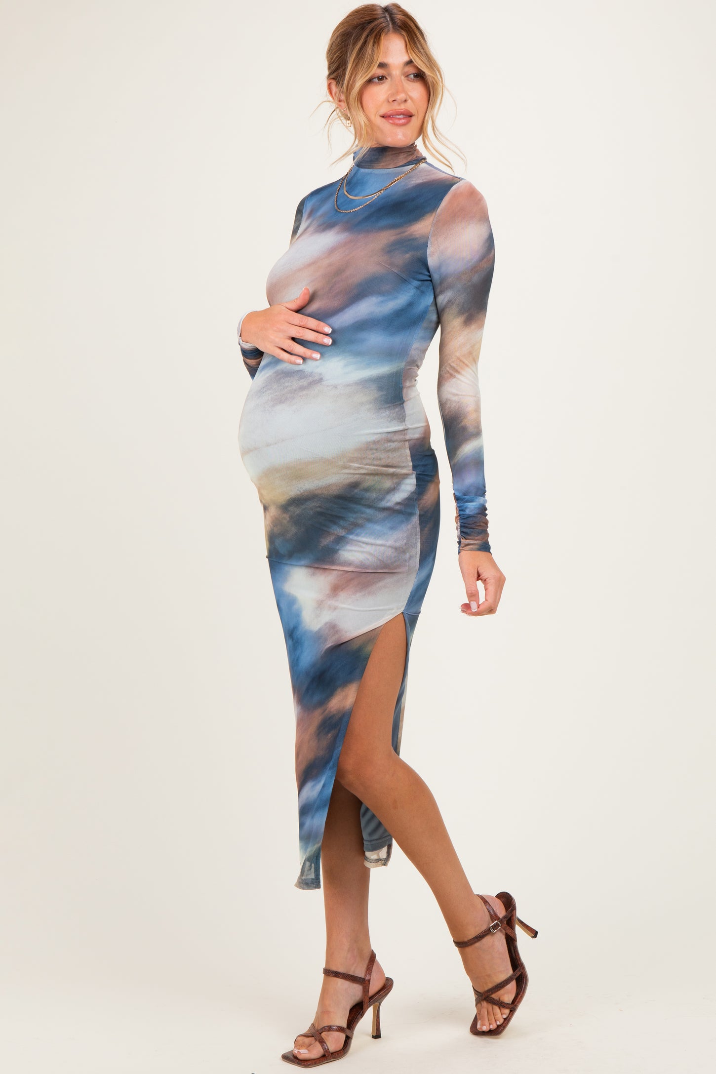 Multicolor Mesh Printed Mock Neck Long Sleeve Maternity Dress