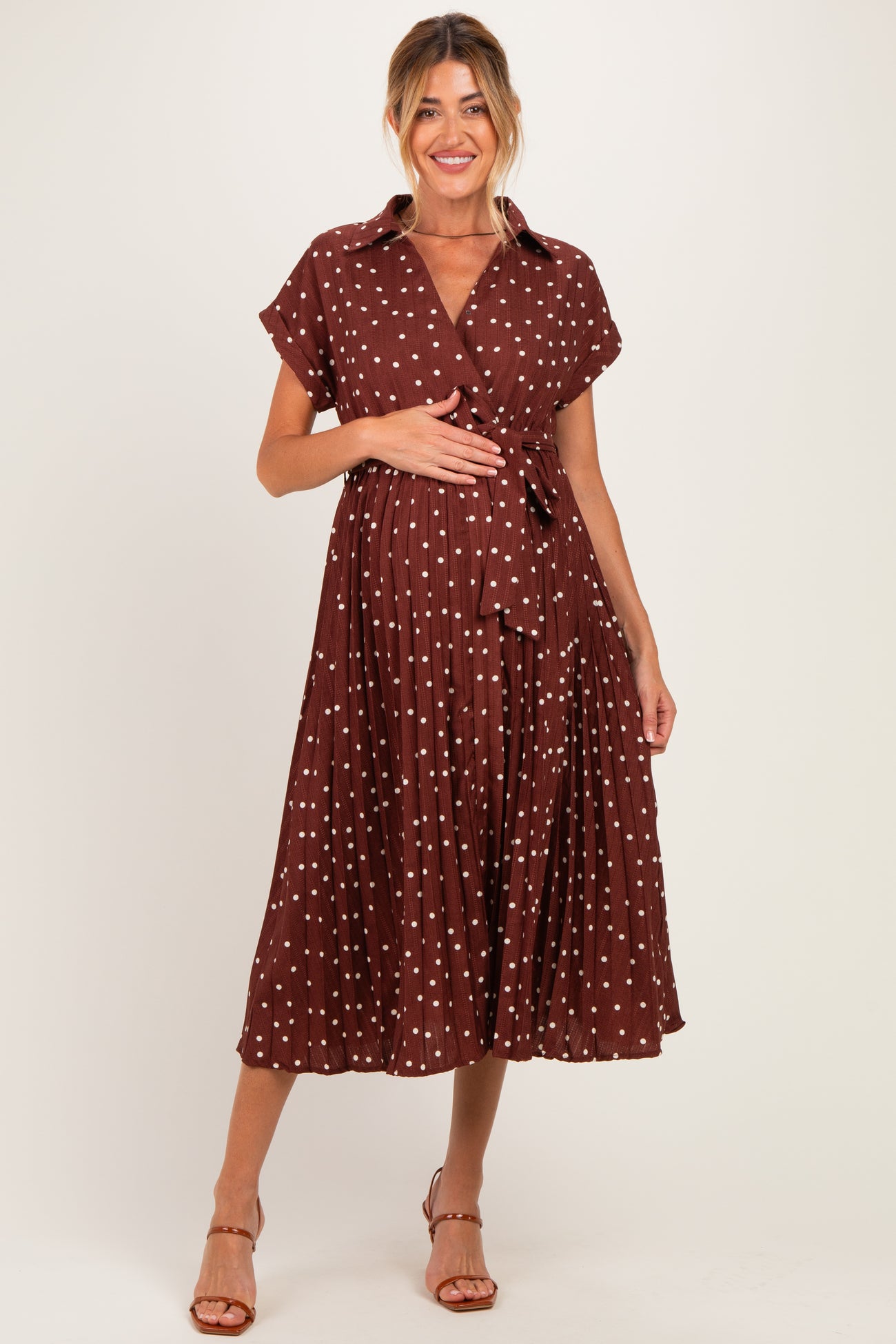 Brown Polka Dot Pleated Maternity Midi Dress