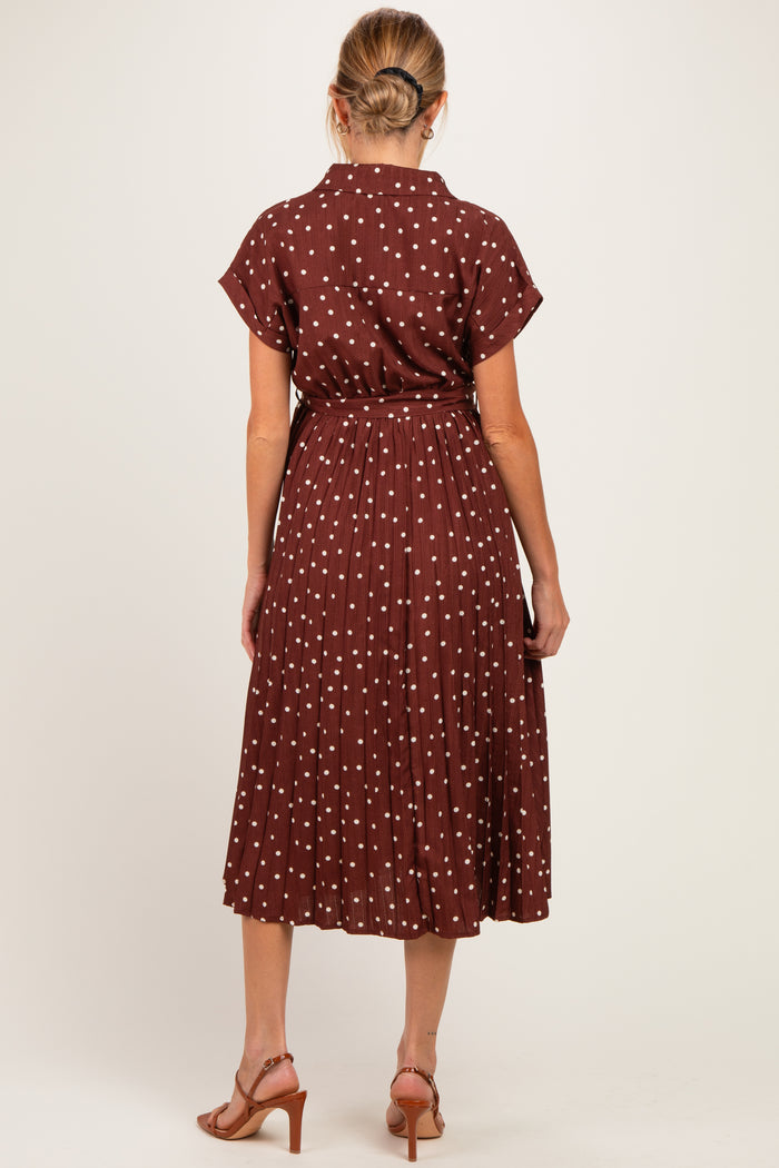 Brown Polka Dot Pleated Maternity Midi Dress
