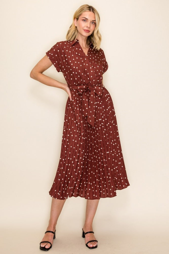 Brown Polka Dot Pleated Midi Dress