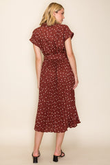 Brown Polka Dot Pleated Midi Dress