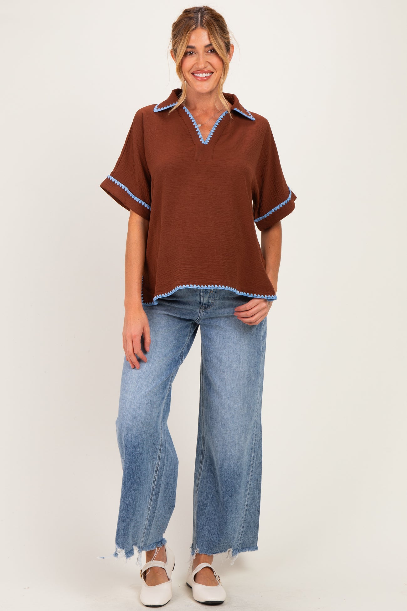 Brown Embroidered Detail Collared Boxy Maternity Top
