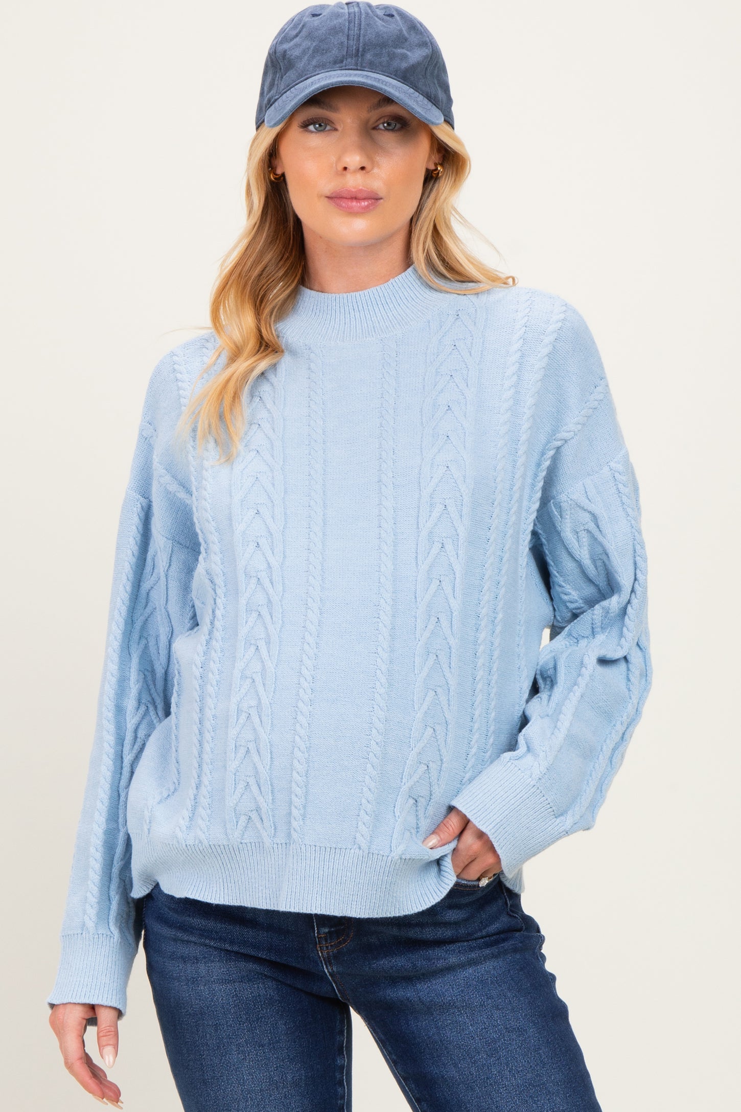 Light Blue Oversized Cable Knit Maternity Sweater