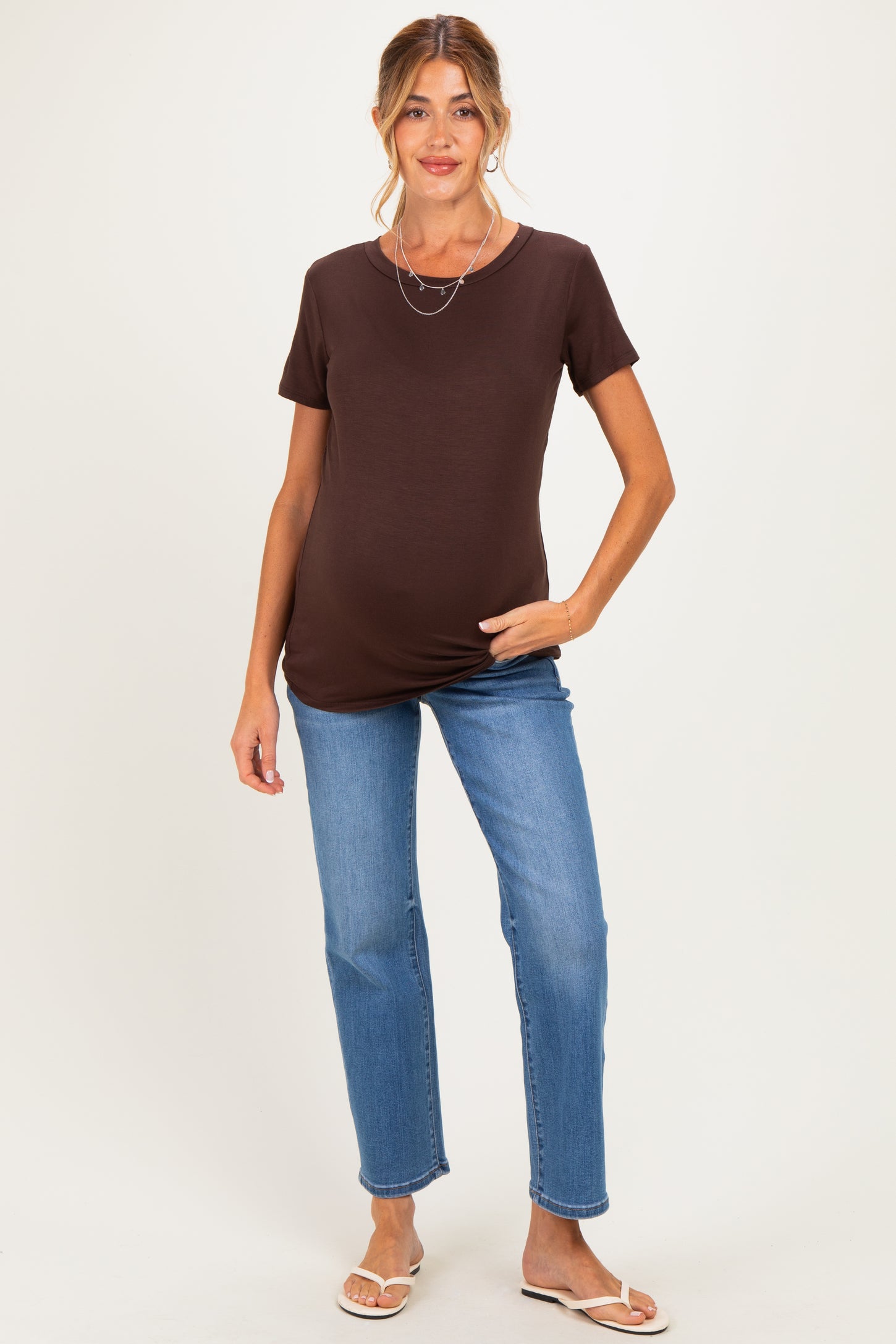 Brown Basic Short Sleeve Maternity Top