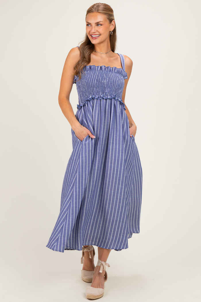 Navy Sleeveless Smocked Striped Maternity Maxi Dress