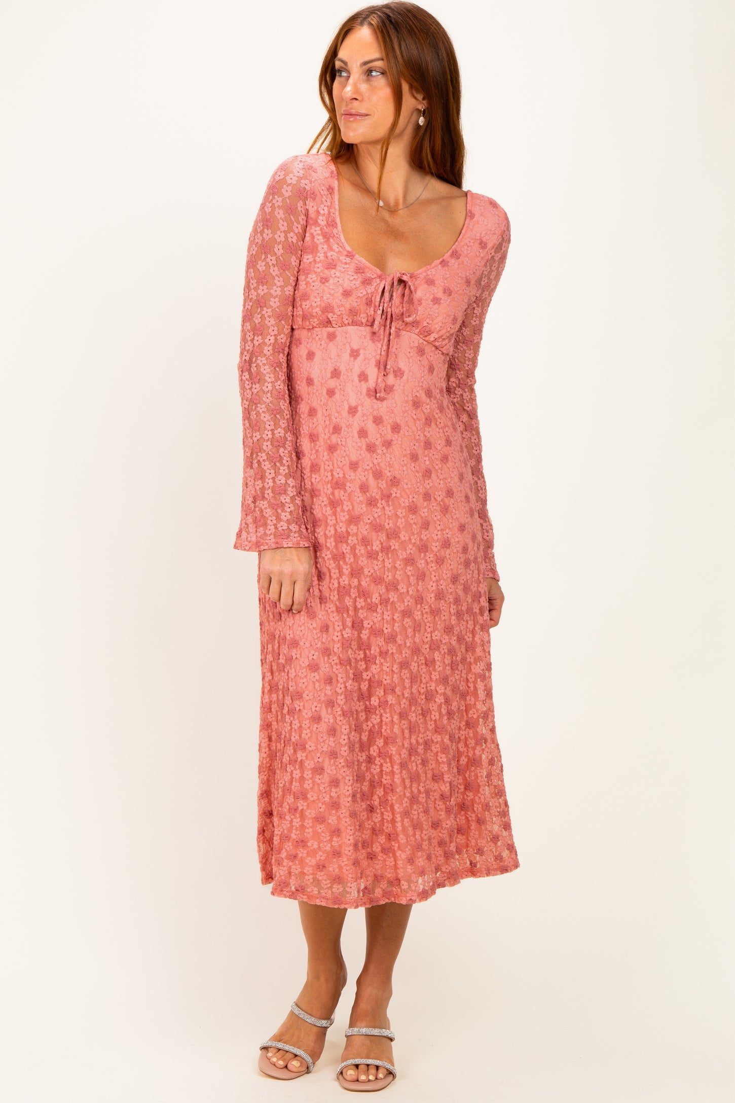 Pink Floral Lace Long Bell Sleeve Maternity Midi Dress