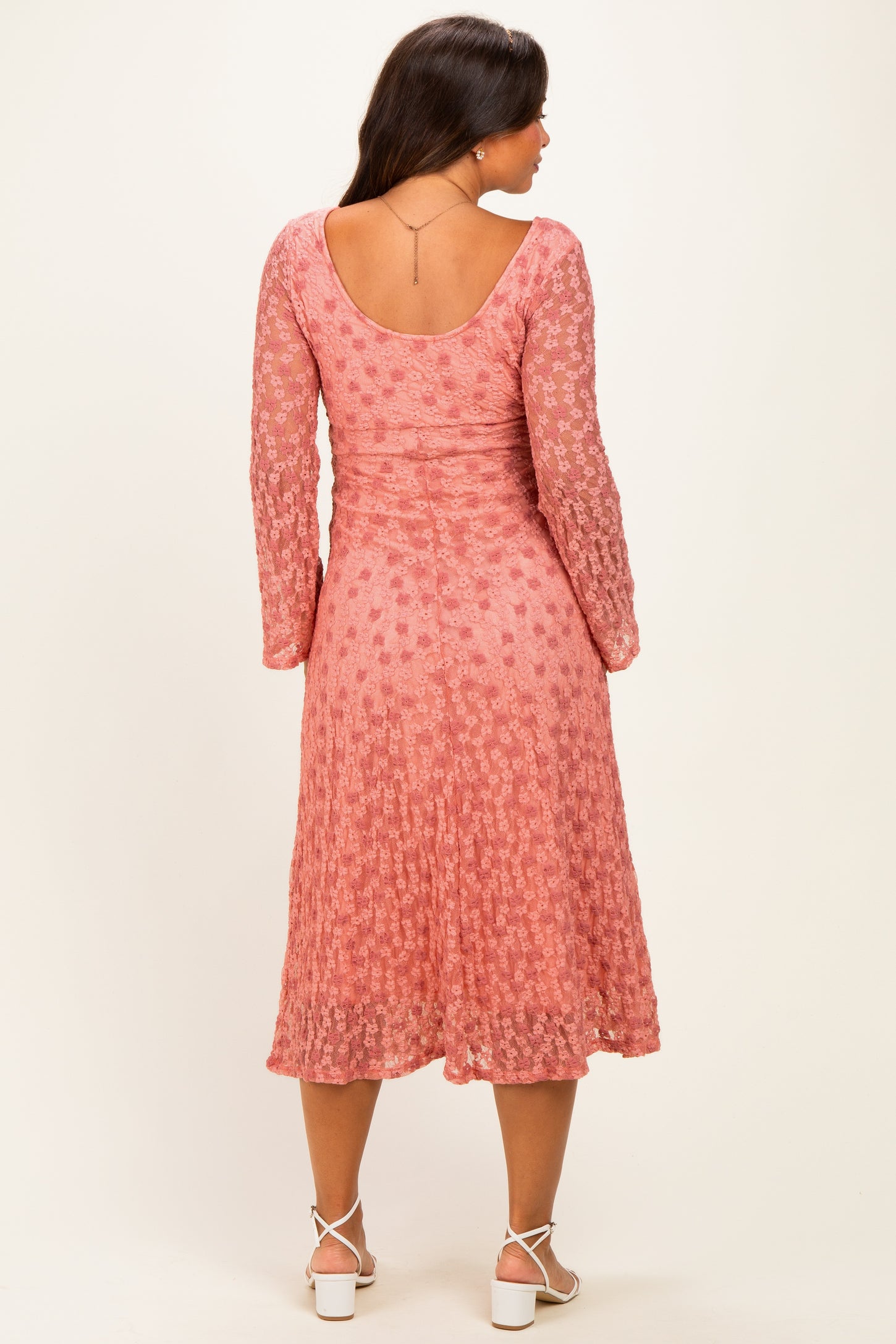 Pink Floral Lace Long Bell Sleeve Maternity Midi Dress