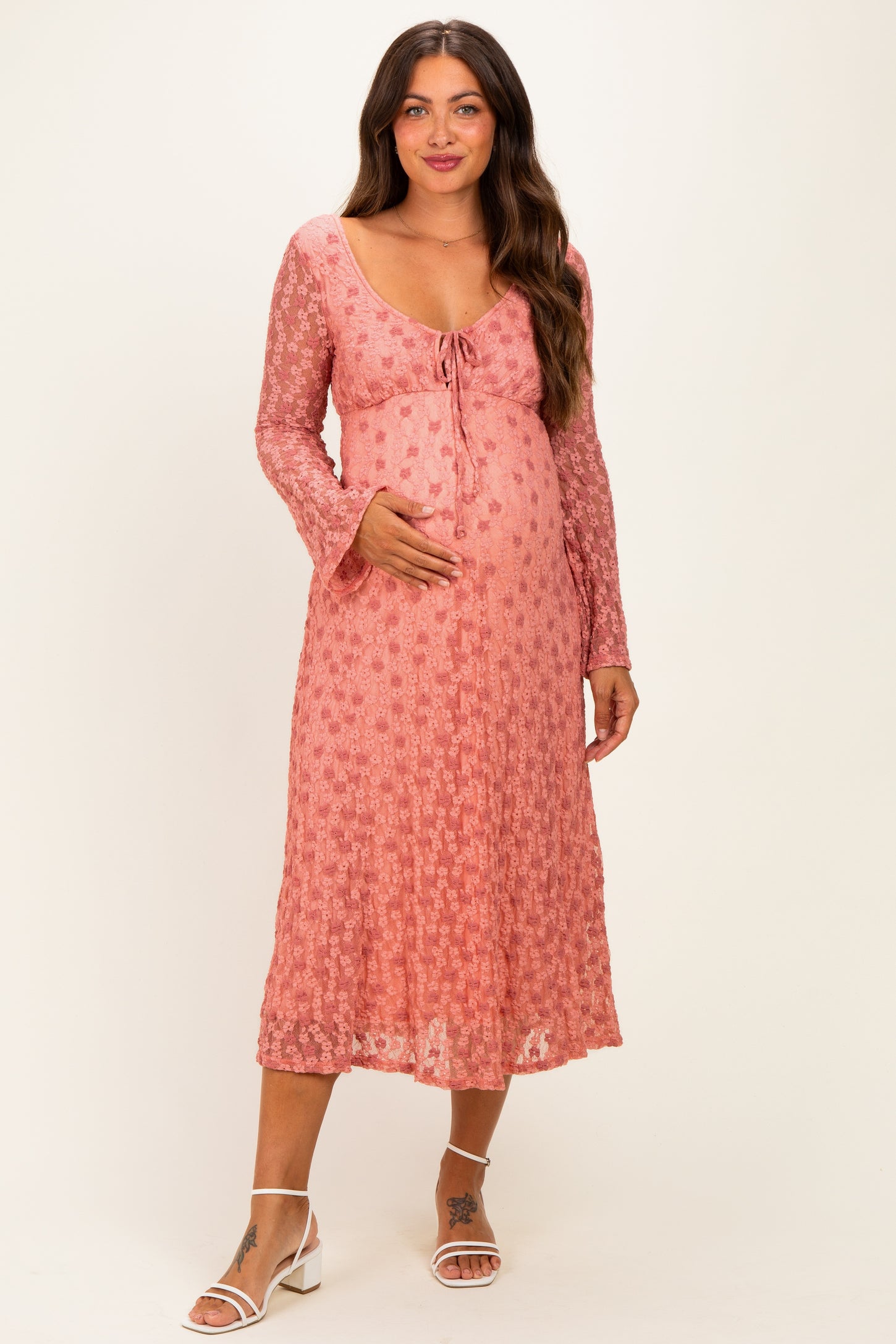 Pink Floral Lace Long Bell Sleeve Maternity Midi Dress