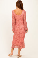 Pink Floral Lace Long Bell Sleeve Midi Dress