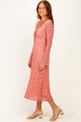 Pink Floral Lace Long Bell Sleeve Midi Dress