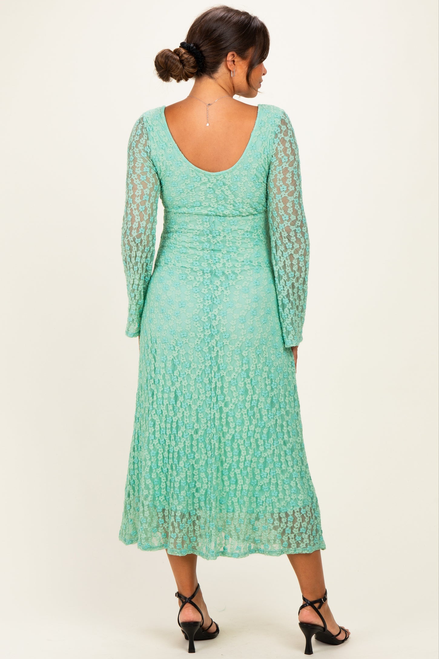 Mint Green Floral Lace Long Bell Sleeve Maternity Midi Dress