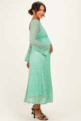 Mint Green Floral Lace Long Bell Sleeve Maternity Midi Dress