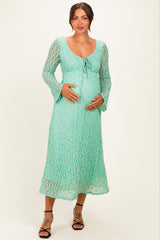 Mint Green Floral Lace Long Bell Sleeve Maternity Midi Dress