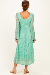 Mint Green Floral Lace Long Bell Sleeve Midi Dress