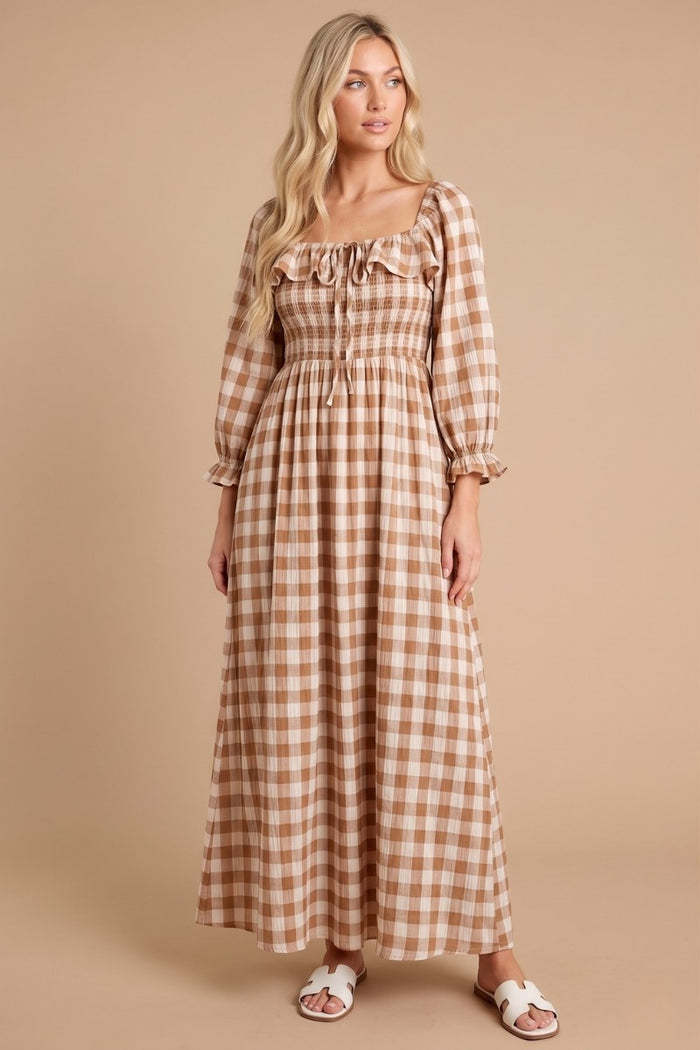 Brown Gingham Ruffle Smocked Maternity Maxi