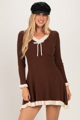 Brown Ribbed Knit Contrast Ruffle Trim Mini Dress