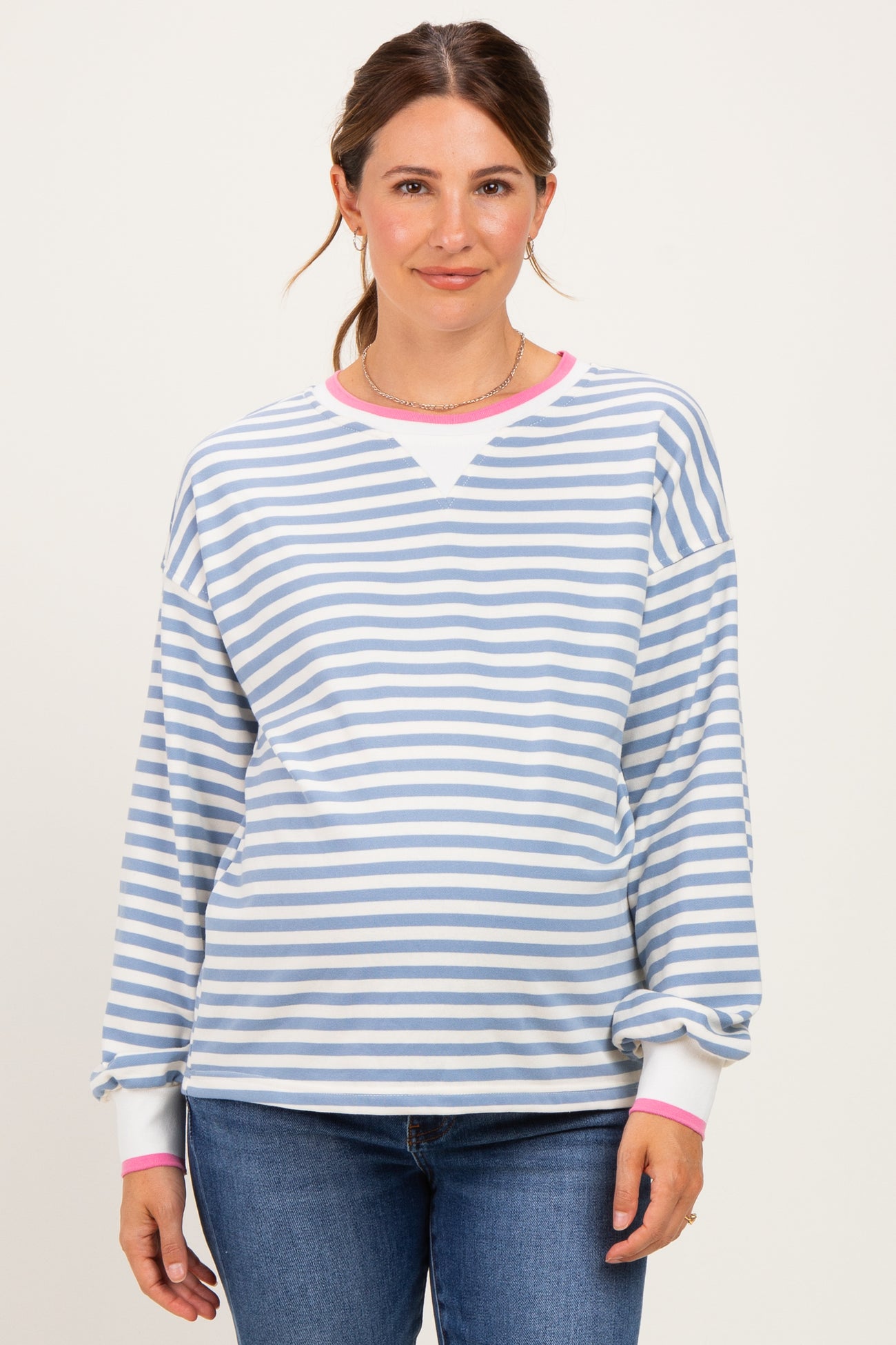 Denim Blue Relaxed Fit Striped Maternity Pullover