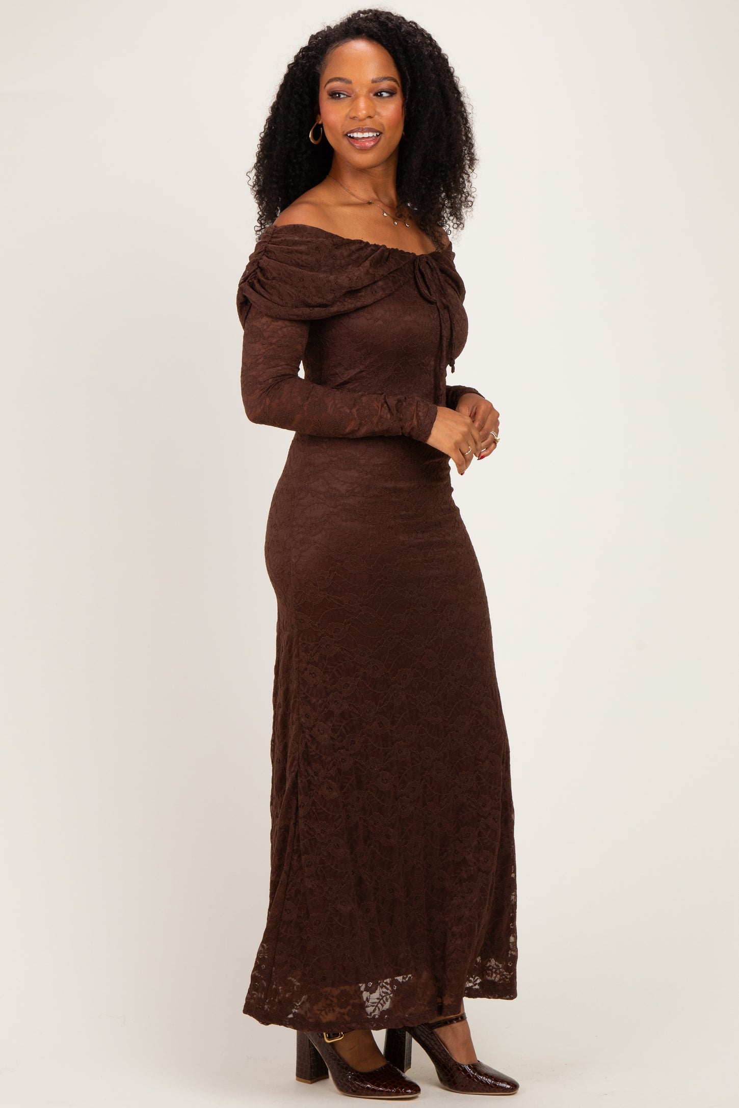 Brown Lace Off Shoulder Long Sleeve Maternity Maxi Dress